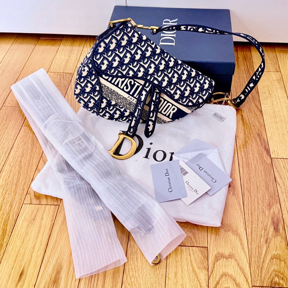 Dior Saddle Bag with Navy and Cream Pattern